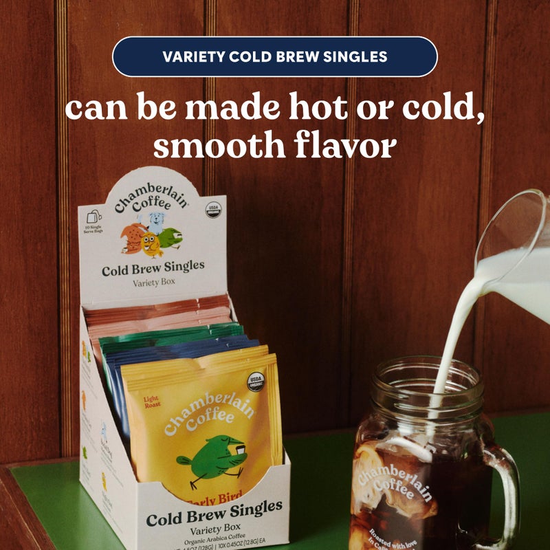 Chamberlain Coffee Variety Box Single Serve Bags - Includes 5 Blends, Original Family, Early Bird, Night Owl, Careless Cat and Social Dog Blends - 10 Single Serve Cold Brew Sachets - Image 4